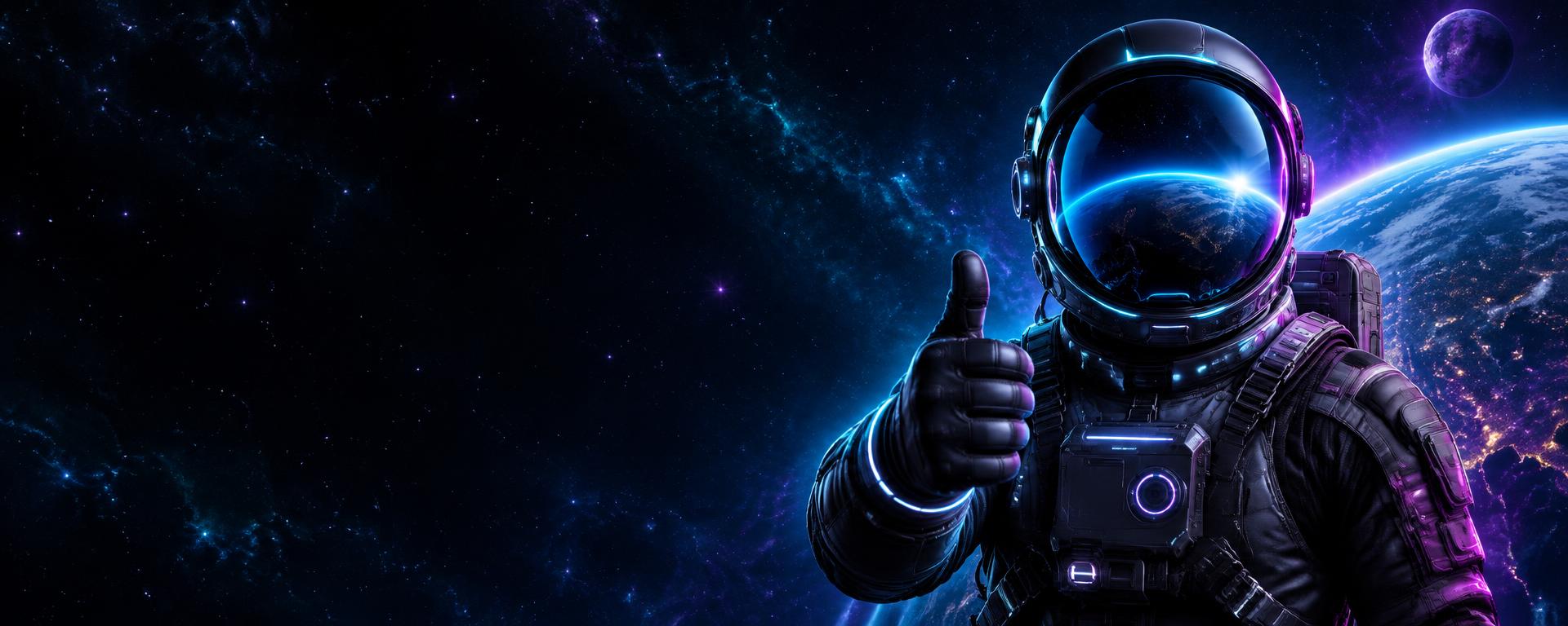 Neon-lit astronaut giving a thumbs up above Earth